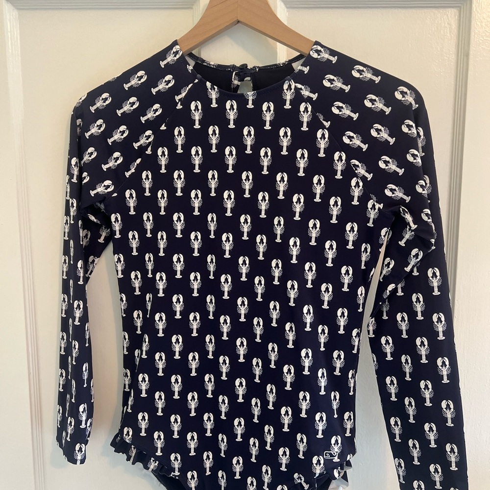 Teen Vineyard Vines Navy Lobster Print Long Sleeve Swimsuit